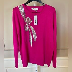 DKNY NWT Sweater XL Sequin Bow Crewneck Magenta Hot Pink Sparkle Embellished
